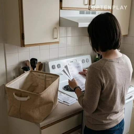 Personne examinant ses factures dans un logement modeste