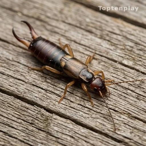 Perce-oreille brun sur une surface en bois, insecte inoffensif