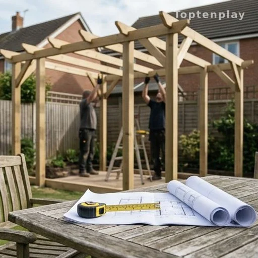 Pergola en bois en cours d'installation dans un jardin résidentiel avec plans de construction
