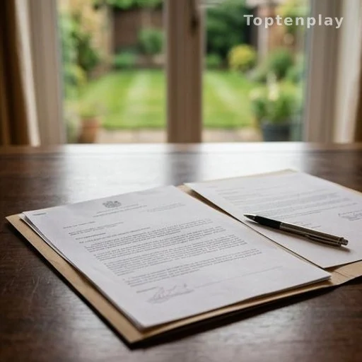 Documents administratifs d'urbanisme sur un bureau avec jardin en arrière-plan