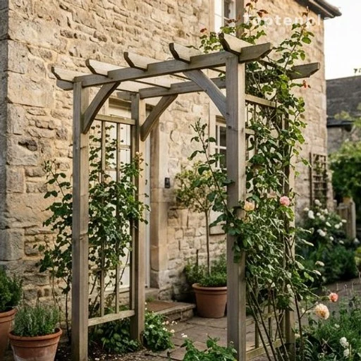 Petite pergola végétalisée à proximité d'une façade en pierre ancienne dans un jardin