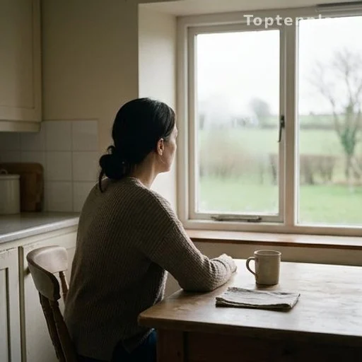 Femme de dos regardant par la fenêtre d'une maison rurale, évoquant une menace de perte de logement