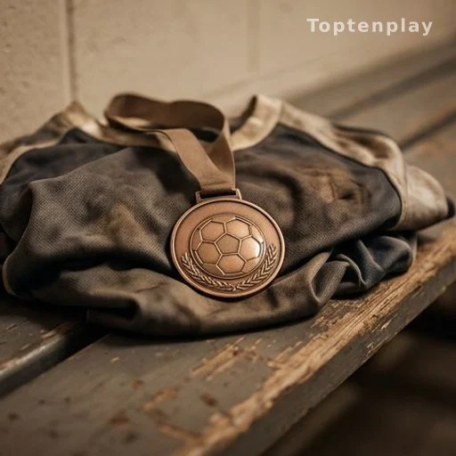 Médaille de bronze posée sur un maillot de football dans un vestiaire