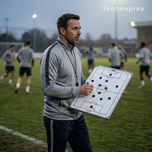Entraîneur de football avec tableau tactique lors d'un entraînement d'avant-match