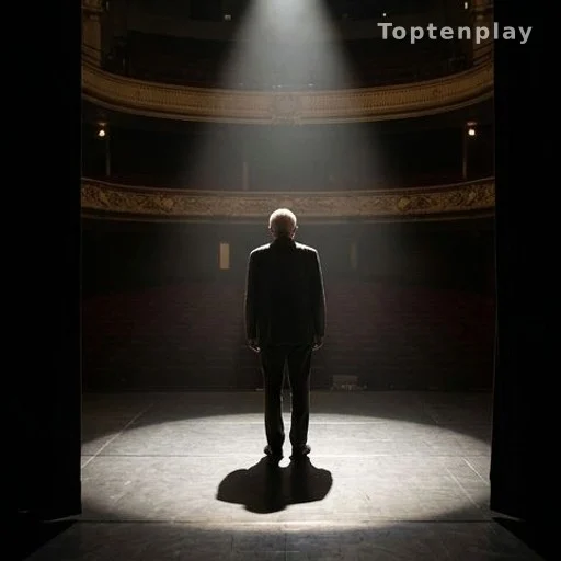 Silhouette d'un acteur âgé de dos sous les projecteurs d'une scène de théâtre