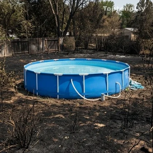 Piscine en PVC bleu intacte entourée d'un jardin noirci par un incendie