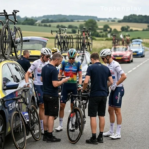 Équipe cycliste en discussion près d'un véhicule d'assistance pendant le Tour de France