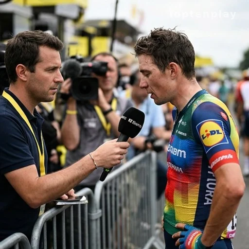 Coureur cycliste interrogé par des journalistes à l'arrivée d'une étape du Tour de France
