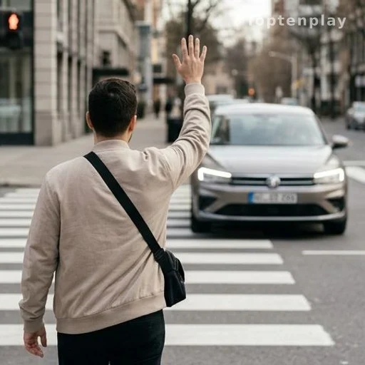 Piéton de dos levant la main pour remercier un conducteur à un passage clouté