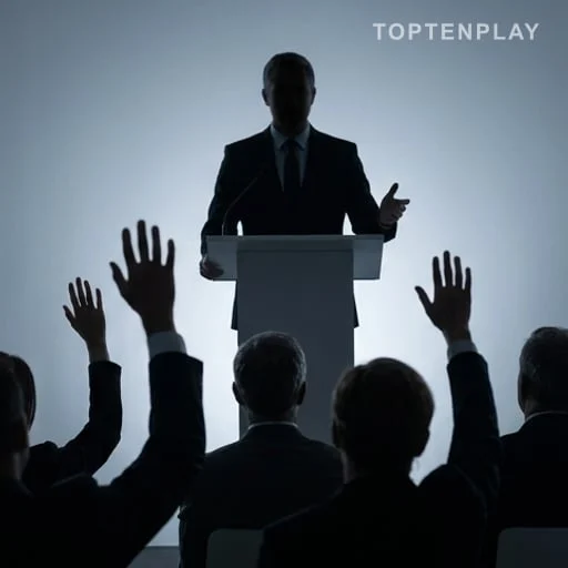 Silhouette au pupitre devant une réunion politique anonyme