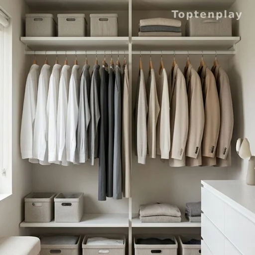 Garde-robe minimaliste avec vêtements neutres bien organisés