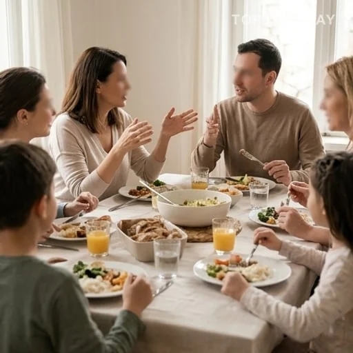 Famille nombreuse discutant autour d’une table animée