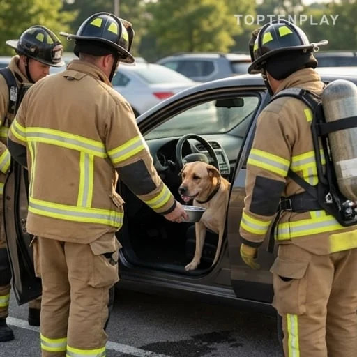 Pompiers secourant un chien dans une voiture surchauffée