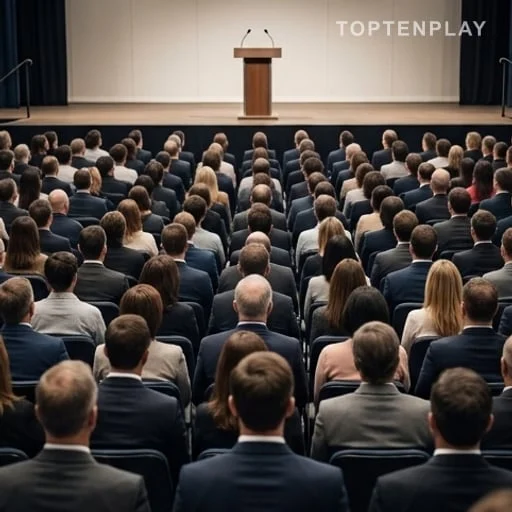 Salle de meeting politique avec public de dos
