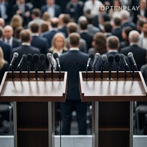 Deux pupitres politiques face à une foule anonyme