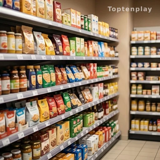 Rayons d'un supermarché discount avec produits de marque à prix réduits