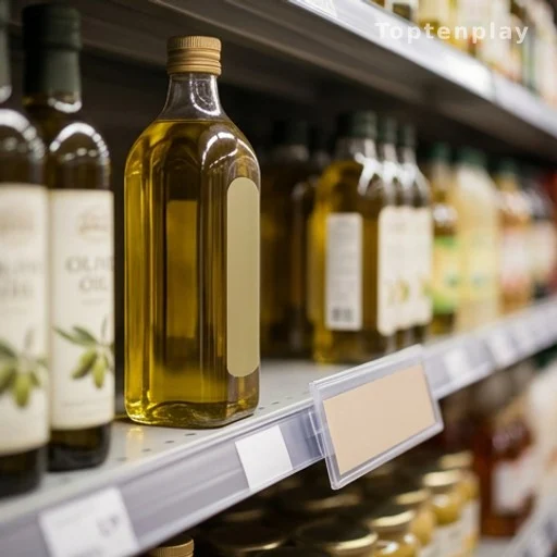 Bouteille d'huile d'olive en rayon avec étiquette prix dans un supermarché discount
