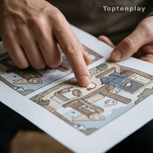 Main pointant des détails sur un puzzle imprimé de type spot the difference