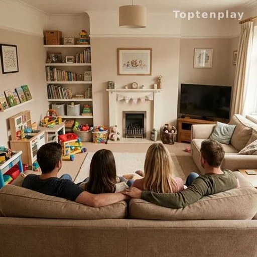 Salon familial avec adultes de dos et jouets d'enfants en arrière-plan