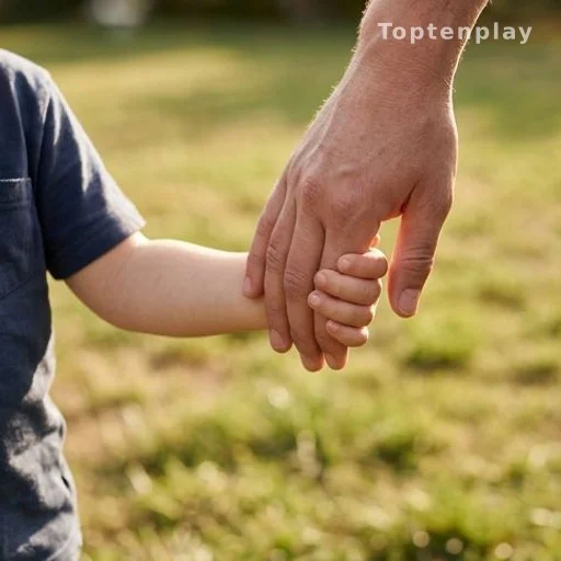 Main d'un enfant tenant celle d'un adulte dans un jardin ensoleillé