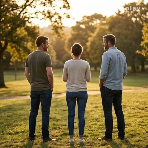 Trois adultes de dos dans un parc en fin de journée, relation polyamoureuse illustrée