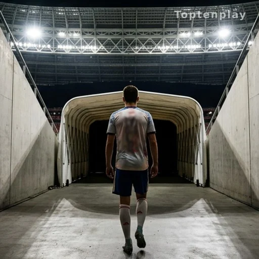 Joueur de football de dos entrant dans le tunnel d'un stade sous les projecteurs