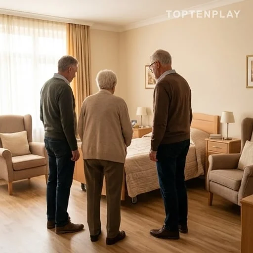 Famille visitant une chambre aménagée en Ehpad
