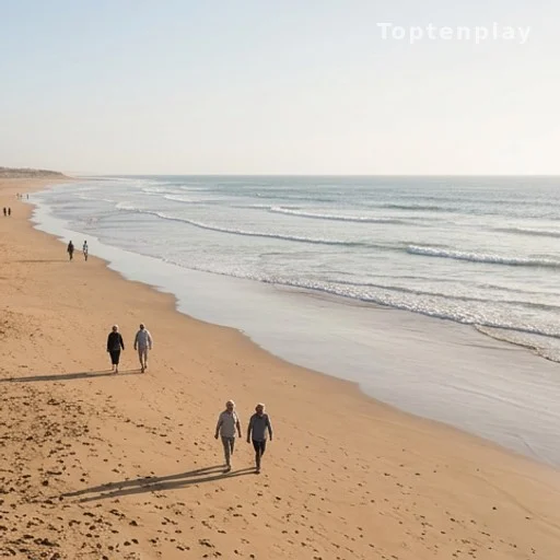 Plage atlantique ensoleillée au Maroc avec des promeneurs en retraite