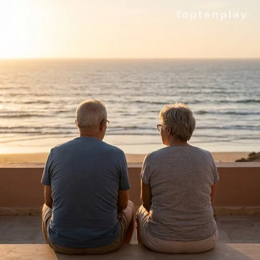 Couple de retraités français de dos sur une terrasse face à l'océan au Maroc