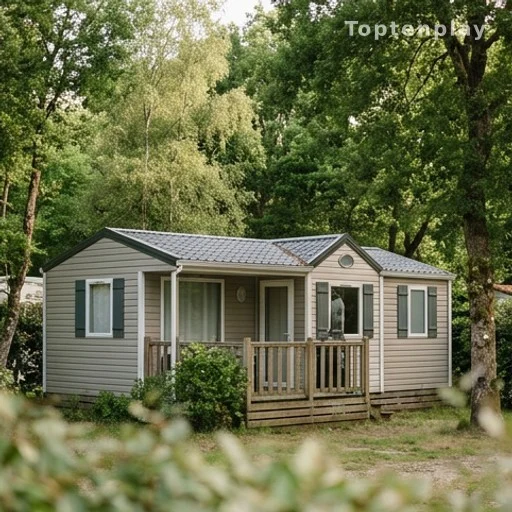 Mobil-home dans un camping breton entouré de végétation en été
