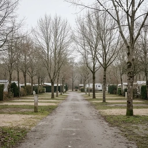 Allée de camping déserte en hiver avec emplacements vides