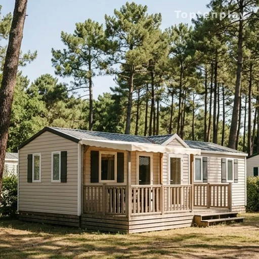 Mobil-home dans un camping des Landes entouré de pins en été