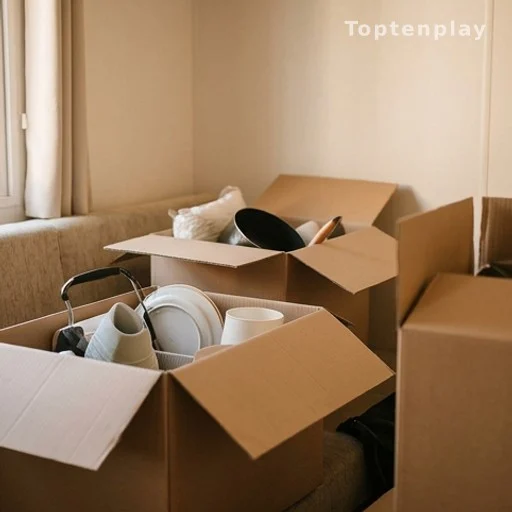 Affaires ménagères rangées dans des cartons à l'intérieur d'un mobil-home