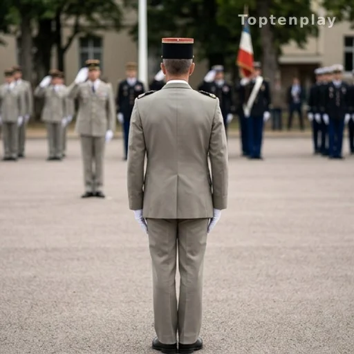 Militaire en uniforme de dos sur un terrain de cérémonie, retraite militaire