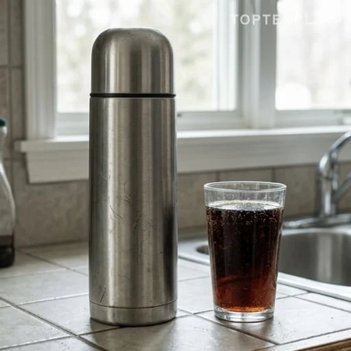 Thermos métallique usé posé sur un plan de cuisine