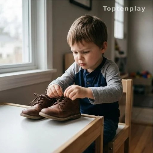 Enfant concentré en train de lacer ses chaussures, apprentissage
