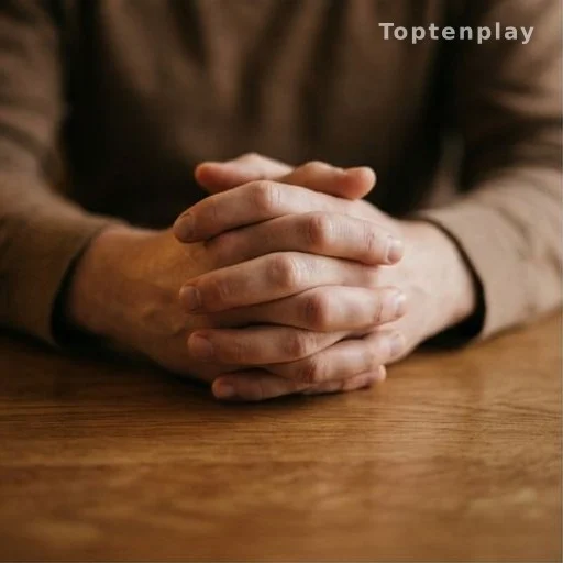 Mains jointes sur une table, atmosphère calme et introspective