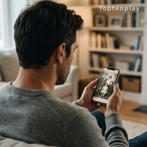 Personne regardant une photo de famille sur un smartphone en hommage