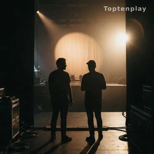 Deux silhouettes dans les coulisses d'une scène de concert, années 1970