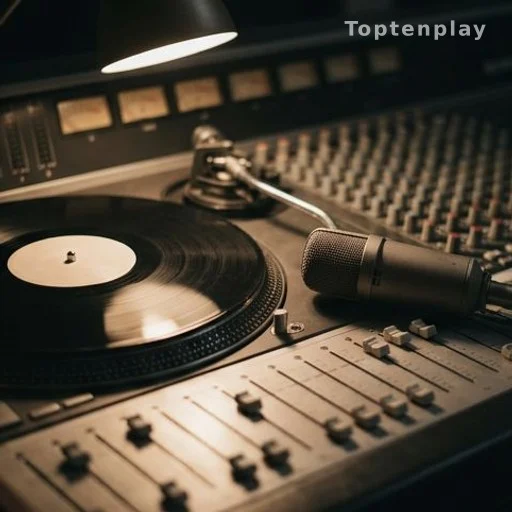 Disque vinyle et microphone sur une console de studio d'enregistrement
