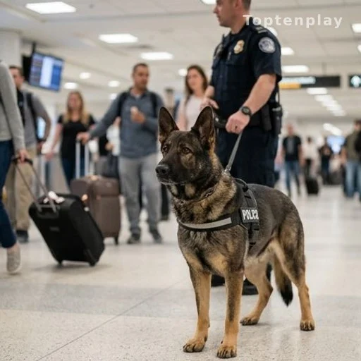Chien policier K9 berger allemand en alerte dans un terminal d'aéroport