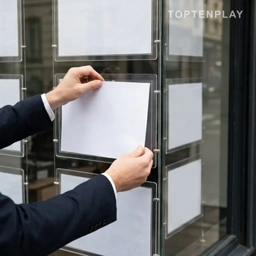 Vitrine d’agence immobilière vidée de ses annonces