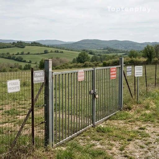 Terrain clôturé avec portail fermé et panneaux d'avertissement, droit de propriété