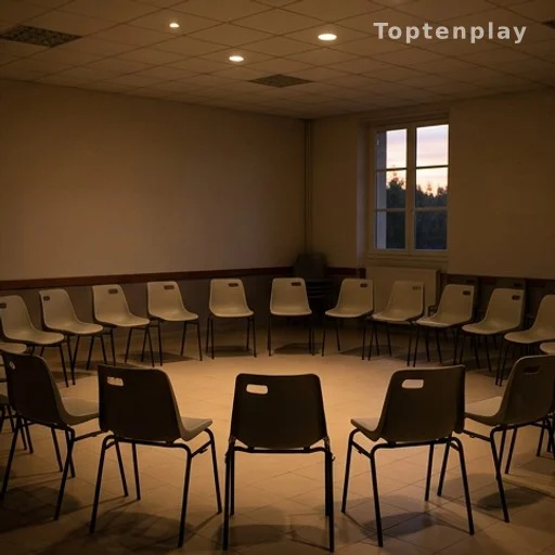 Salle de réunion publique avec chaises disposées en cercle, débat sur le droit au logement