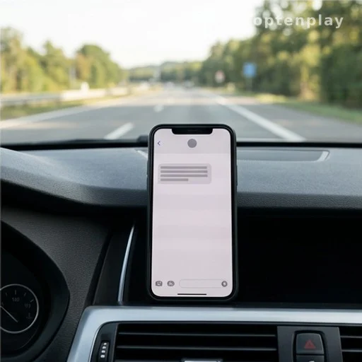 Smartphone posé sur tableau de bord affichant une notification pendant la conduite