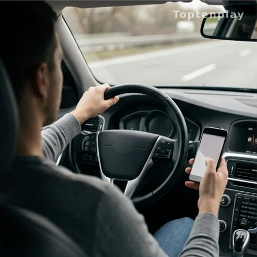 Conducteur vu de dos tenant un téléphone au volant sur route