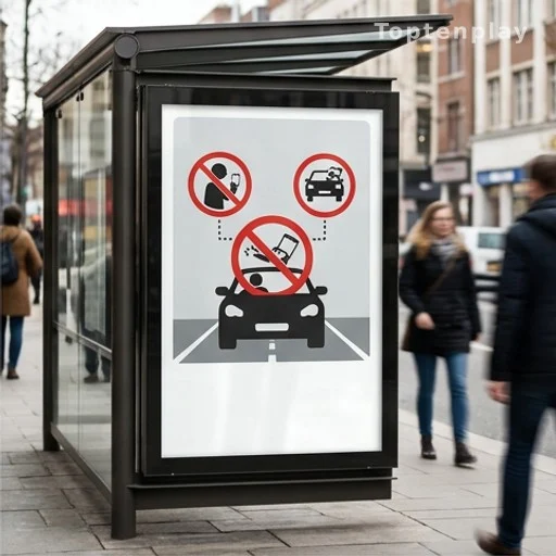 Affiche de prévention sécurité routière sur abribus en milieu urbain
