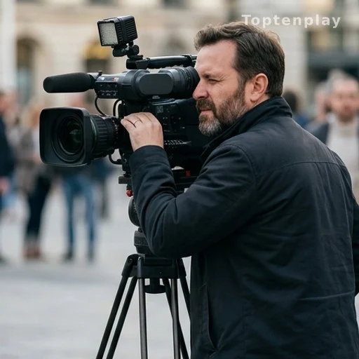 Caméraman reporter filmant en extérieur lors d'un reportage de terrain