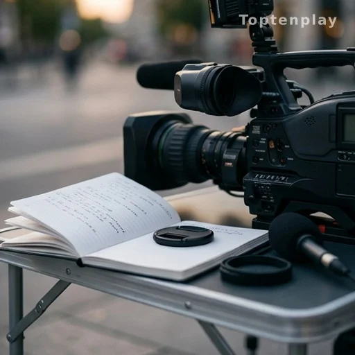 Matériel de reportage télévisé posé sur le terrain, caméra et carnet de notes
