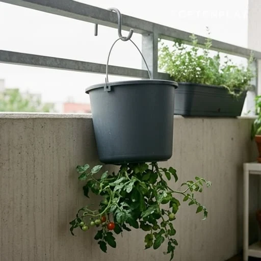 Seau suspendu avec tomates à l’envers sur balcon